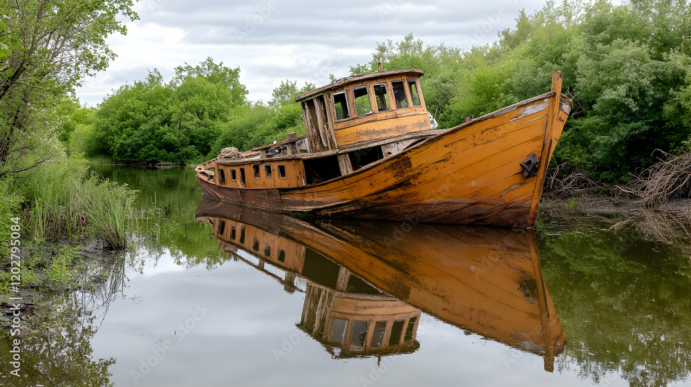 Obraz premium Abandoned wooden tugboat rests in calm river, overgrown banks; nature reclaiming