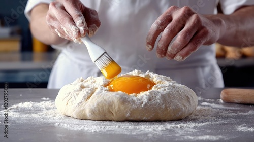 A pastry chef using a silicone brush to apply egg yolk onto raw bread dough, preparing it for baking in a professional kitchen. photo