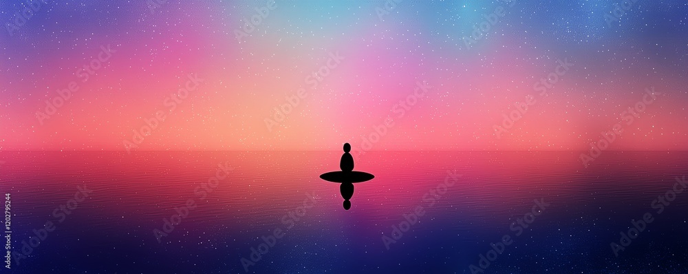 A serene silhouette of a meditator reflecting on a calm ocean with vibrant colors of dawn creating a peaceful atmosphere. A serene silhouette of a meditator reflecting on a calm ocean with vibrant colors of dawn creating a peaceful atmosphere.