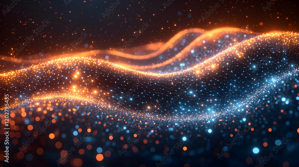 Naklejka premium Abstract Glowing Particle Wave Background. Blue and Orange Energy Flow. Dynamic, Vibrant, Seamless Texture