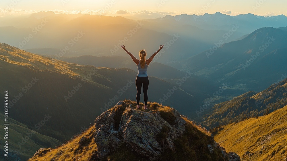 Woman celebrating victory on mountain peak at sunset. Woman celebrating victory on mountain peak at sunset.