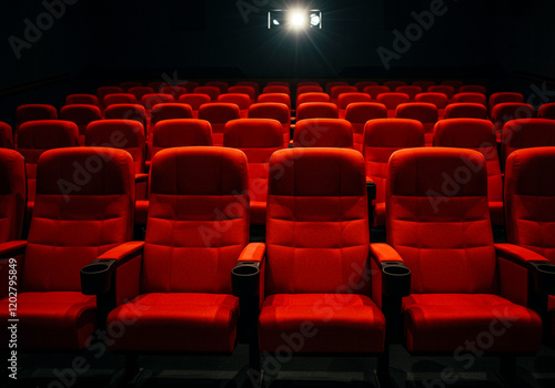 映画館の赤い座席が並ぶ無人のシアター風景 - 映画公開、エンターテインメント、試写会、貸切、イベントの背景素材に