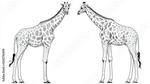 Two illustrated giraffes facing each other, showcasing their distinctive patterns and features.