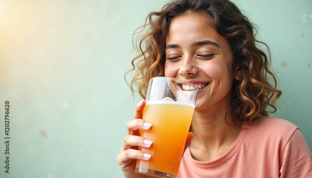 A young woman drinking juice, hand holding a glass of ice water juice A young woman drinking juice, hand holding a glass of ice water juice