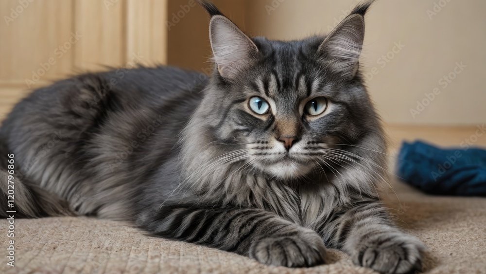 Blue maine coon cat laying on the floor indoor Blue maine coon cat laying on the floor indoor