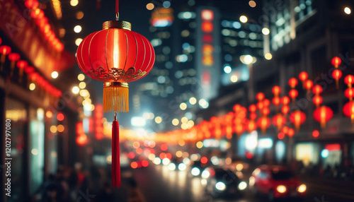 Happy chinese new year with traditional red lantern hanging for celebration, blurred street night background