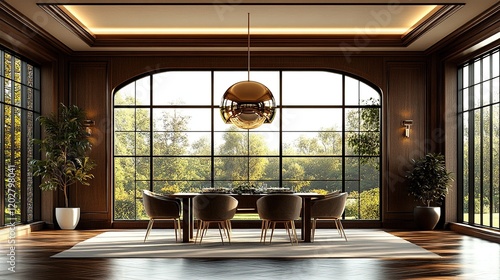 Elegant dining area with large windows showcasing a lush outdoor view.