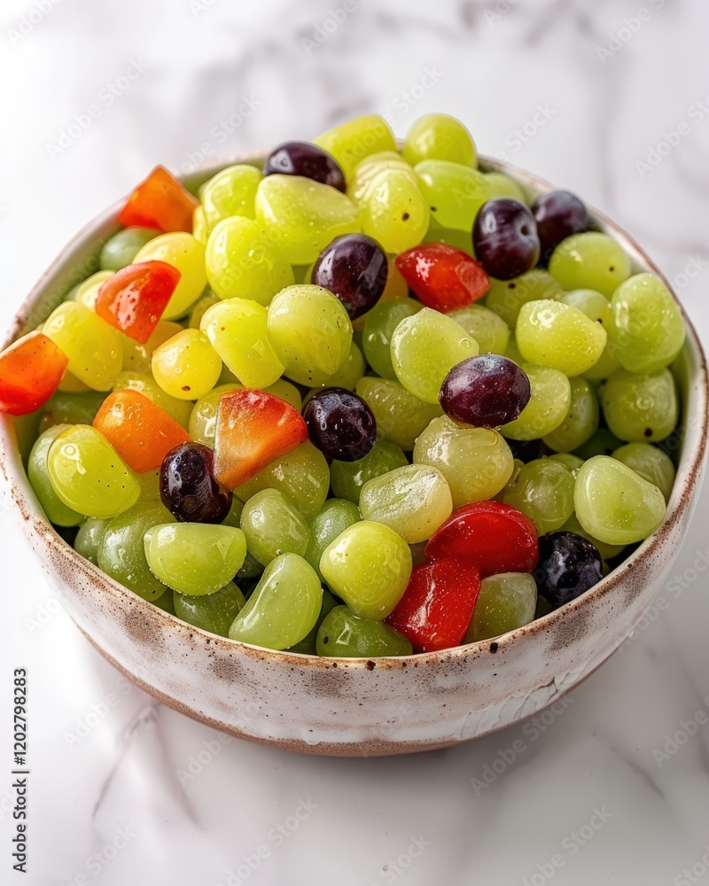 Bowl of fresh green and red grapes and diced strawberries. Bowl of fresh green and red grapes and diced strawberries.