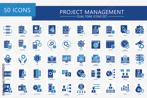Project Management dual tone icons set, contain data analysis, graph, finance, network, schedule, idea and more. use for modern concept, print, UI or UX kit, web and app. vector EPS 10 for business.