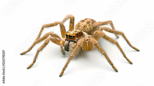 Close-up of a huntsman spider on white background; useful for educational materials, scientific articles, or wildlife documentaries