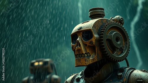 A humanoid robot with a skull-like head stands in the rain, highlighting its vintage design and mechanical features. photo