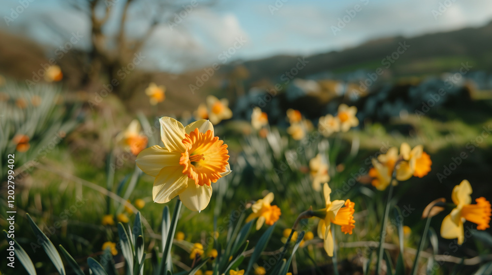 Fototapeta premium Daffodil flower blooming in spring landscape