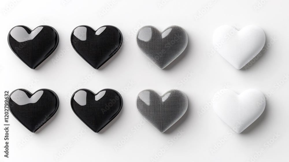 Smooth glossy hearts arranged neatly grayscale palette. AI Generated