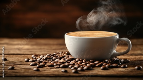 Steaming cup of coffee on wood with beans.