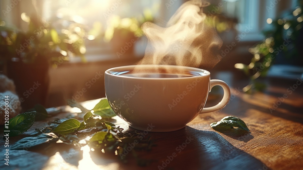 Steaming cup of tea on wooden table in sunlight. Steaming cup of tea on wooden table in sunlight.
