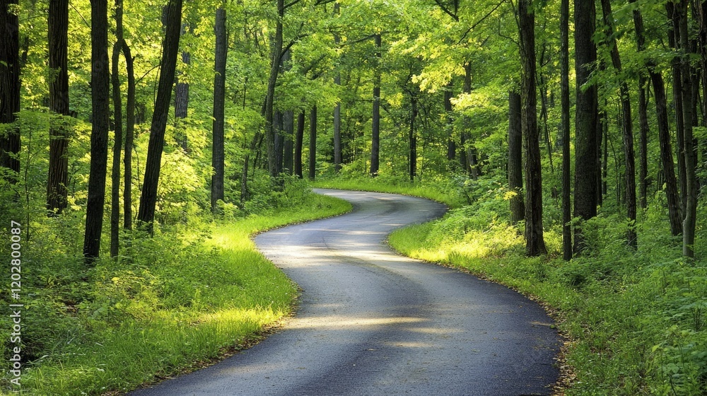 Obraz premium A road winding through a lush forest with sunlight breaking through the trees, symbolizing hope and success.