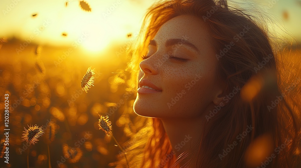 A serene woman enjoying a sunset in a golden field, embodying peace and tranquility. A serene woman enjoying a sunset in a golden field, embodying peace and tranquility.