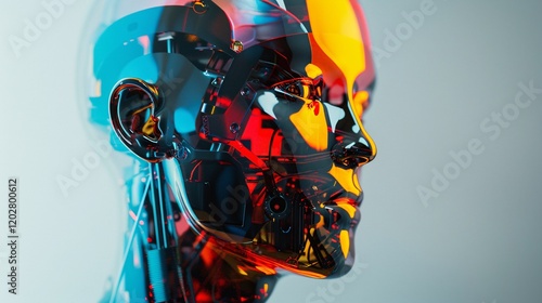 Man with an elegant appearance, colorful robotic head, narrow exposure portrait photo