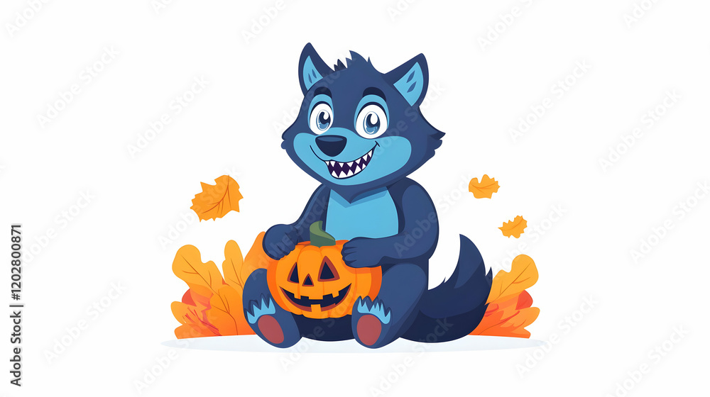 Cute cartoon wolf holding pumpkin, autumn leaves background, Halloween greeting Cute cartoon wolf holding pumpkin, autumn leaves background, Halloween greeting