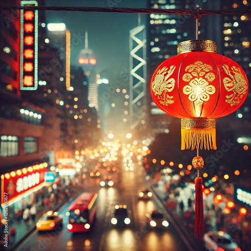 Happy chinese new year with traditional red lantern hanging for celebration, blurred street night background