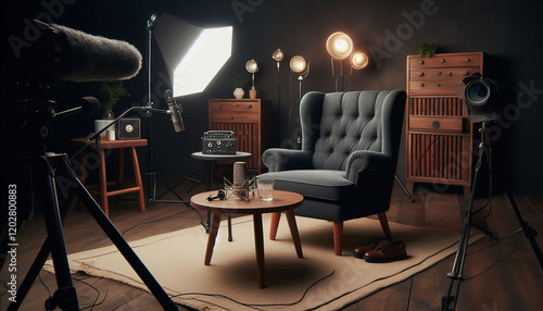 Studio setup for interview with arm chair and mic 