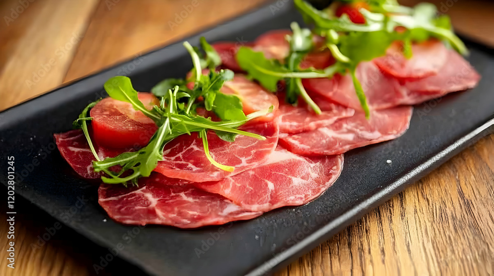 Delicious cured meat platter with arugula and cherry tomatoes, served on a black rectangular plate on a wooden table; ideal for restaurant menus or food blogs Delicious cured meat platter with arugula and cherry tomatoes, served on a black rectangular plate on a wooden table; ideal for restaurant menus or food blogs