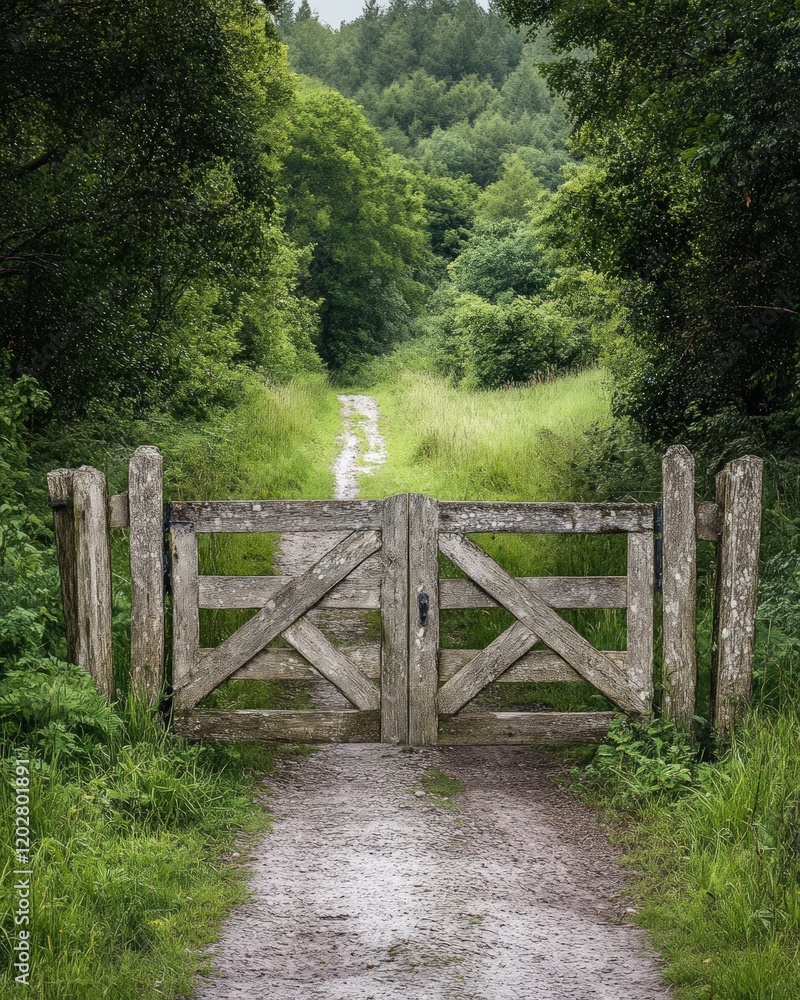 Rustic wooden gate on a verdant trail leading into a lush green forest. Rustic wooden gate on a verdant trail leading into a lush green forest.