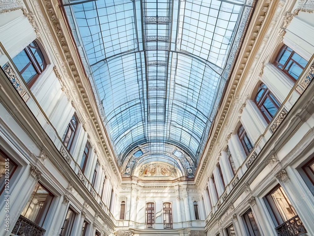 Elegant glass ceiling softly illuminates grand building interior.. AI Generated Elegant glass ceiling softly illuminates grand building interior.. AI Generated