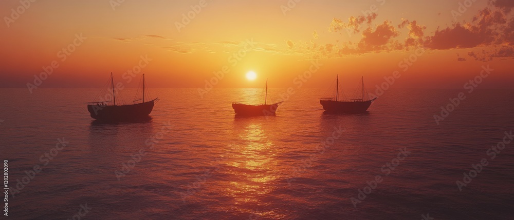 Fototapeta premium Three ships drift along the tranquil sea under a dramatic sunset, casting warm reflections over the water.