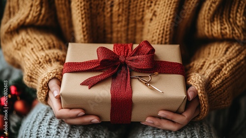 A person holding a beautifully wrapped gift with a red ribbon, evoking a festive atmosphere.