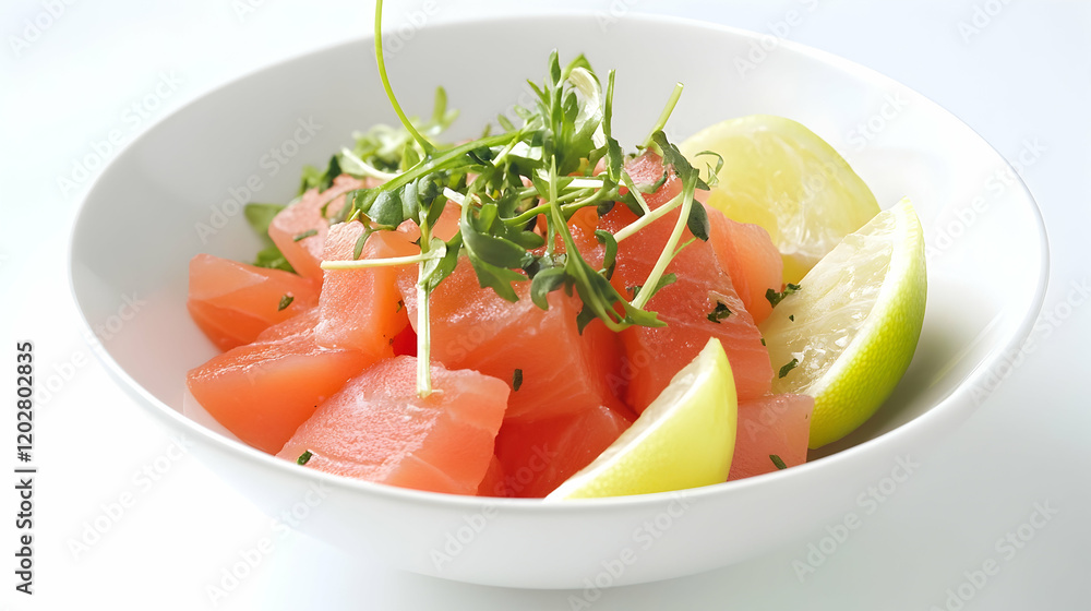 Fresh salmon cubes with lime and herbs in a bowl, healthy food recipe, studio shot, food photography for cookbook Fresh salmon cubes with lime and herbs in a bowl, healthy food recipe, studio shot, food photography for cookbook