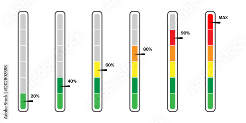 Vector illustration of level indicator meter with percentage units isolated on white background. Art design progress bar template. Abstract concept graphic slider infographic element