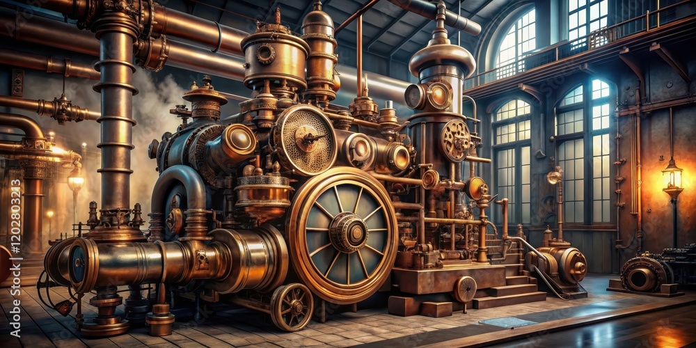 Intricate Steampunk Engine in Industrial Setting with Copper Pipes and Large Windows Intricate Steampunk Engine in Industrial Setting with Copper Pipes and Large Windows