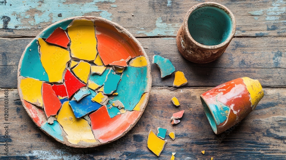 A shattered ceramic plate with colorful pieces scattered on a rustic wooden table, with a broken cup beside it. A shattered ceramic plate with colorful pieces scattered on a rustic wooden table, with a broken cup beside it.