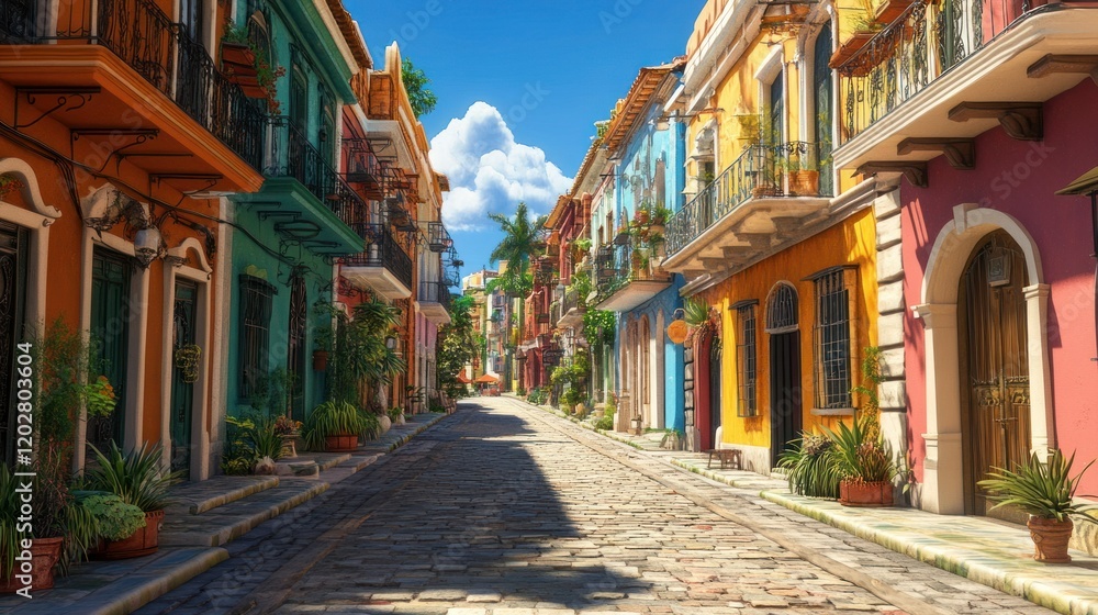 Fototapeta premium A picturesque colonial street featuring multicolored facades, wrought iron balconies, and cobblestone paths under a sunny blue sky, 4K photorealistic