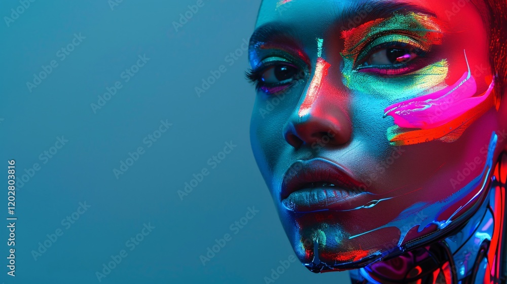 Flashy cyborg with attractive features, simple background, rainbow colors, strong makeup Flashy cyborg with attractive features, simple background, rainbow colors, strong makeup