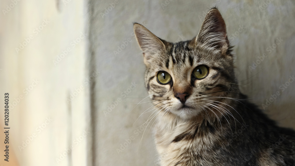 A close-up of a cat with striking green eyes, set against a light-colored wall. The cat has a tabby pattern with a mix of gray and brown fur A close-up of a cat with striking green eyes, set against a light-colored wall. The cat has a tabby pattern with a mix of gray and brown fur