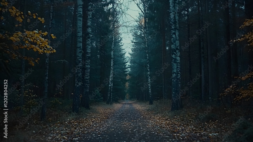 Fototapeta premium A Forest Path Beckons Through Dark Trees