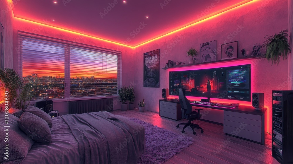Sunset view from a modern bedroom with gaming setup and LED lights. Sunset view from a modern bedroom with gaming setup and LED lights.