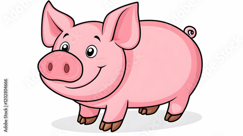 Happy pig cartoon illustration, white background, farm animal, children's book