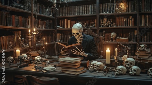 A skeleton in a black suit, seated at a cluttered library desk with stacks of books, skulls, and flickering candles, engrossed in a scary book.