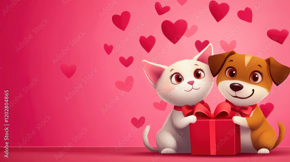 playful illustration of cat and dog sharing gift with hearts playful illustration of cat and dog sharing gift with hearts