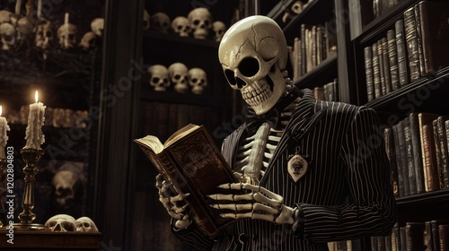 A skeleton in a pinstripe suit standing by a bookshelf, drinking whisky and reading a horror book, with skulls and candlelight casting shadows on the black walls