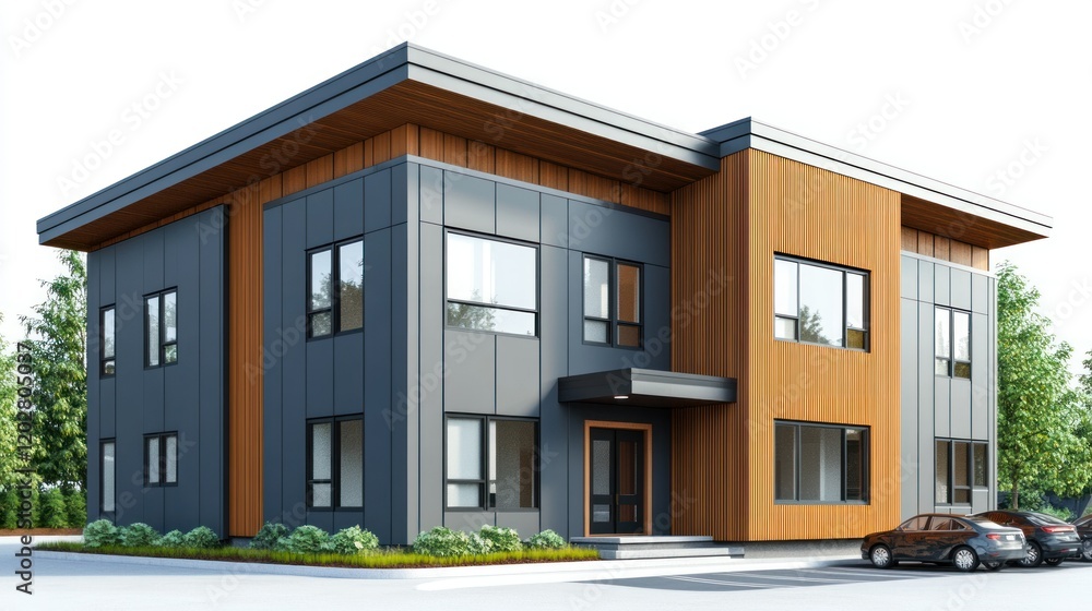 A sleek 3D render of a modern two-story house with gray exterior walls, wooden highlights, and a parking area on the right, isolated on white, 4K photorealistic A sleek 3D render of a modern two-story house with gray exterior walls, wooden highlights, and a parking area on the right, isolated on white, 4K photorealistic