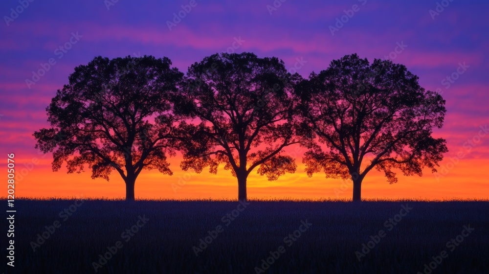 Three silhouetted trees at sunset. Three silhouetted trees at sunset.