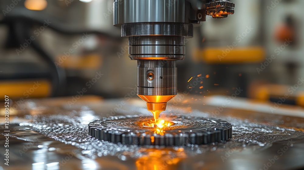 A close-up of a laser cutting machine in action, creating sparks on a metal surface. A close-up of a laser cutting machine in action, creating sparks on a metal surface.