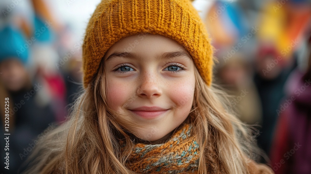 A joyful girl in a yellow hat smiles amidst a vibrant crowd at an outdoor event. A joyful girl in a yellow hat smiles amidst a vibrant crowd at an outdoor event.