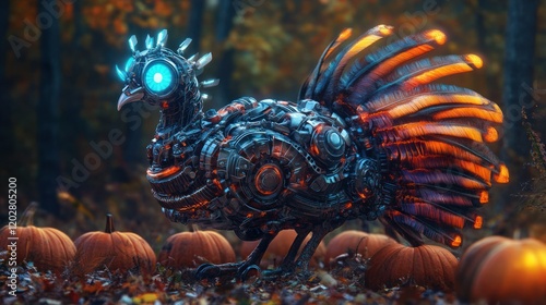 A solitary mecha turkey with glowing details and multicolor feathers, standing near a pumpkin patch on Thanksgiving evening, 4K photorealistic