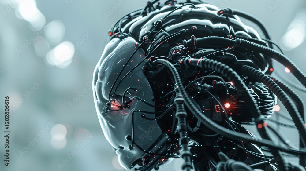 Fototapeta premium Cyborg brain with many cables, shiny ceramic surface, highly detailed