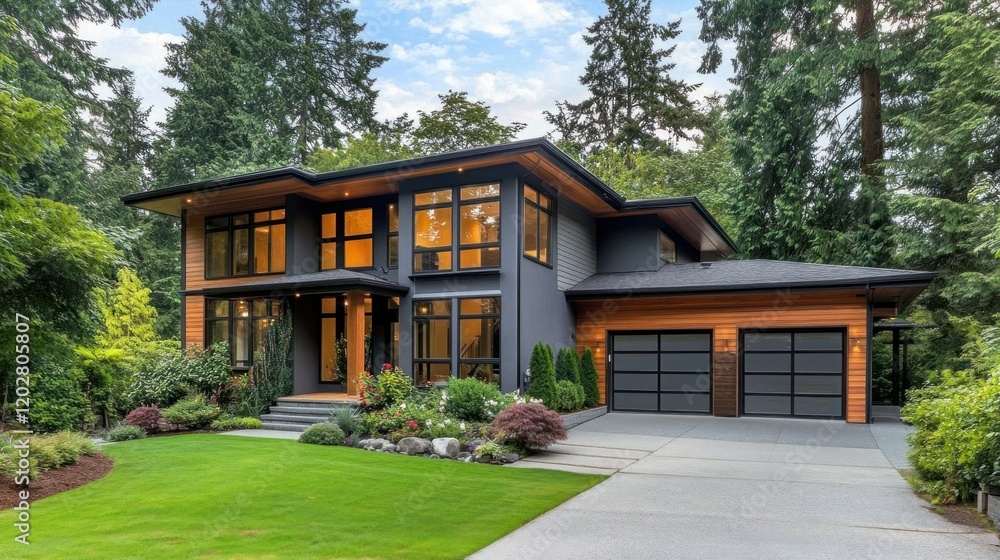 A stylish two-story house with gray stucco walls, wooden siding, and a parking area on the right side, large windows allowing natural light, 4K vivid realism A stylish two-story house with gray stucco walls, wooden siding, and a parking area on the right side, large windows allowing natural light, 4K vivid realism